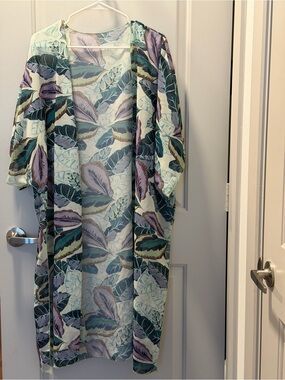 Lightweight Leaf Print Kimono Duster - Mint, Teal & Lavender